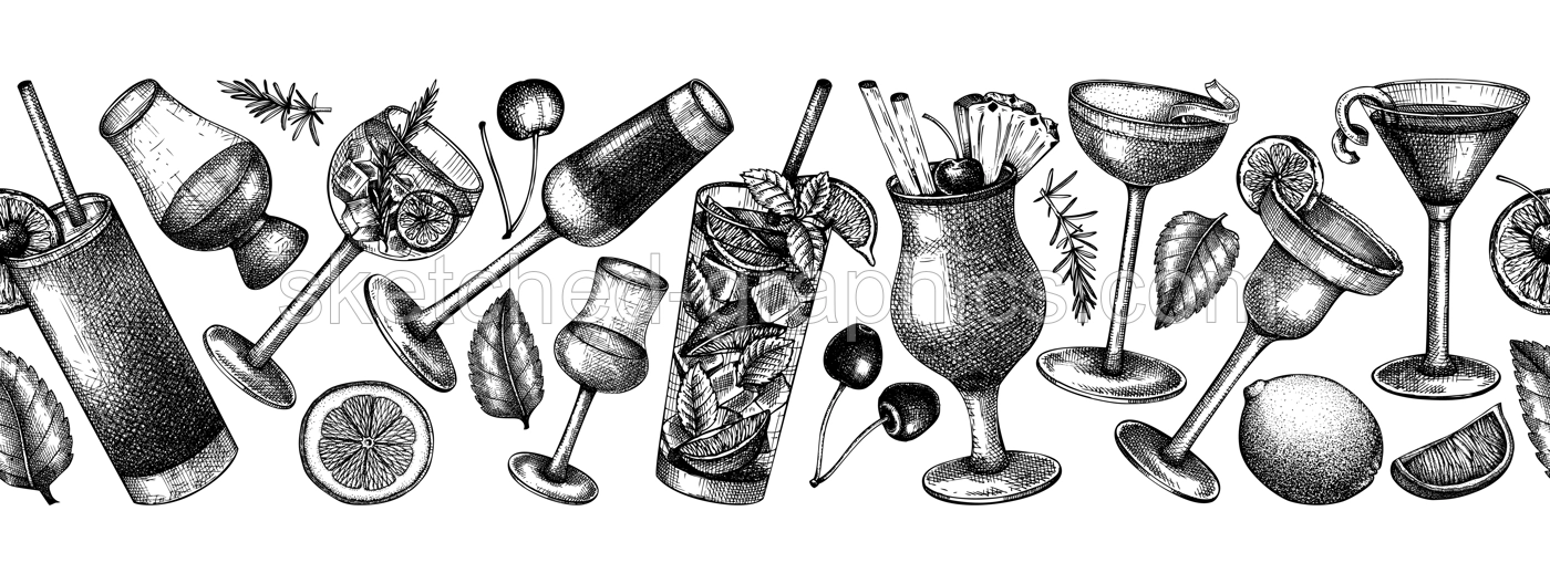 Seamless cocktail glasses ribbon design. Hand-sketched alcoholic drinks in elegant glassware. Popular alcohol cocktails drawings in sketched style. Banner design for pub, bar, or restaurant menu Illustration
